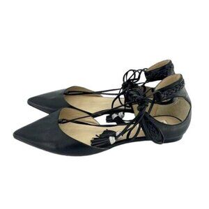 BADGLEY MISCHKA Flats Bliss Black Leather Lace Up Crystal Tassel Sz 7.5 NEW